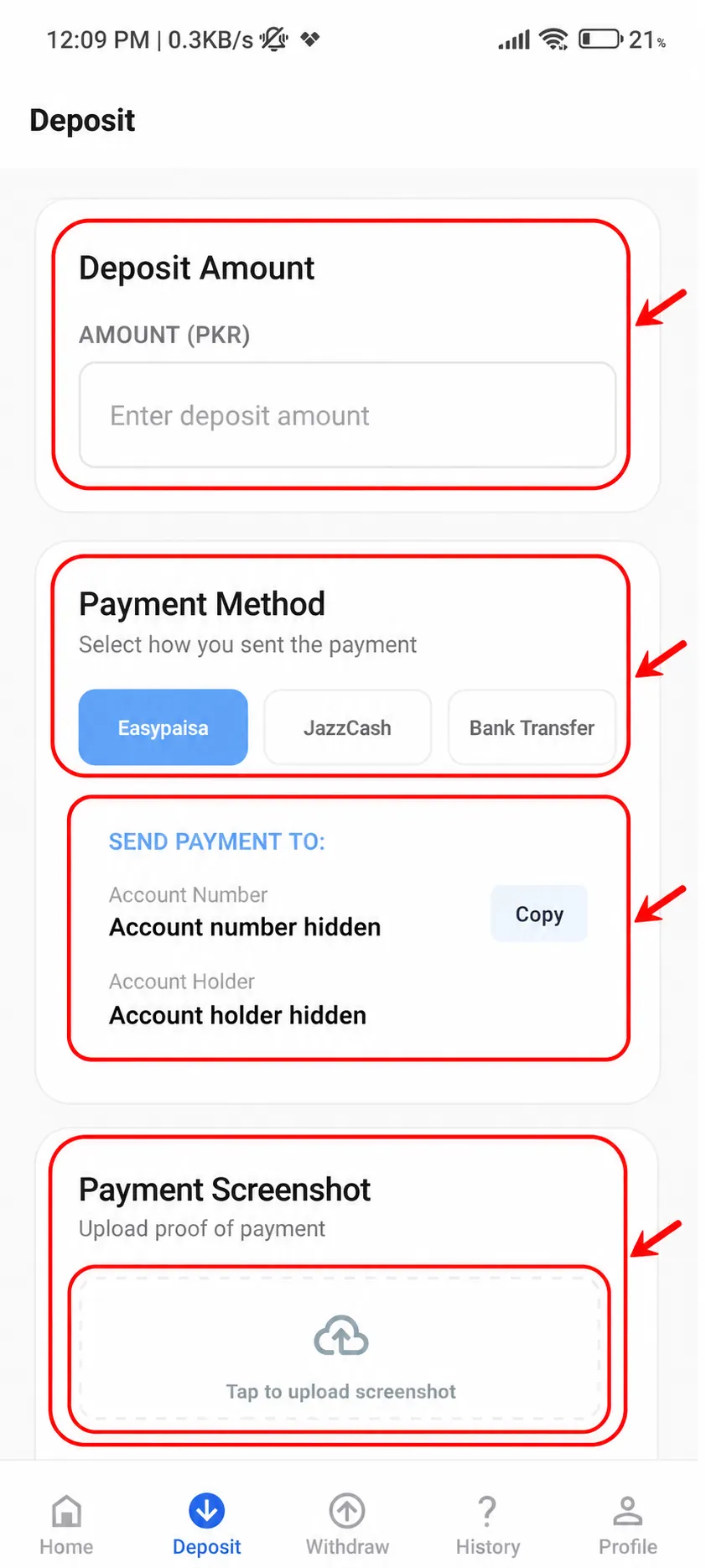 BetPro Wallet deposit account screen